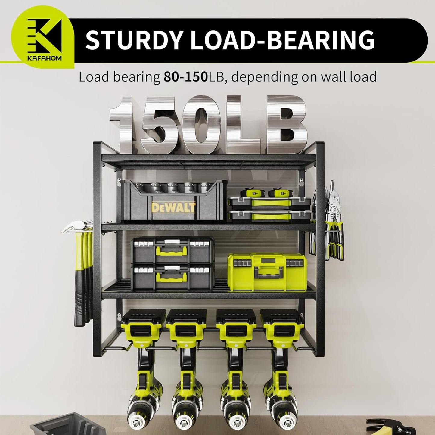 KAFAHOM Power Tool Organizer, Garage Tool Organizers and Storage,Drill Holder Wall Mount, Storage Rack for Cordless Drill, Heavy Duty Tool shelf with Screwdriver Holder/Pliers Holder/Hammer Holder