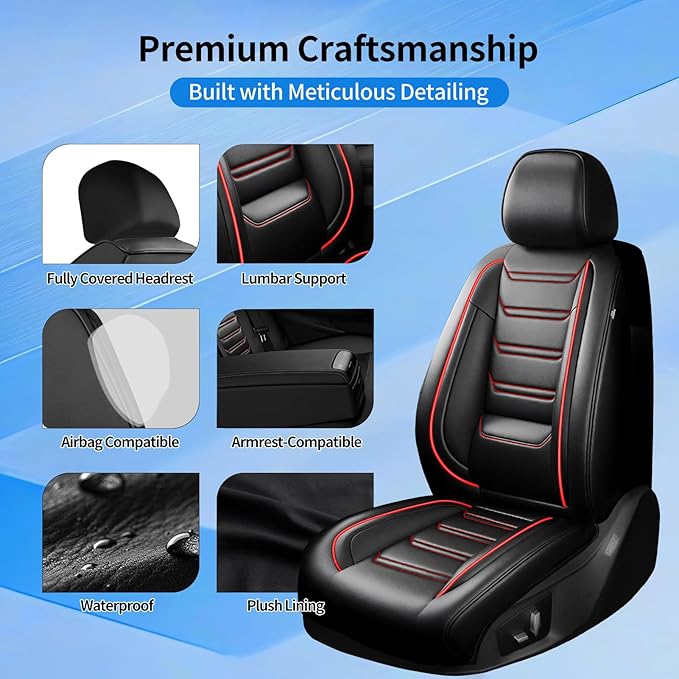 Fit Ridgeline Car Seat Covers for Select Honda Ridgeline 2007-2026 - Premium Full Coverage Leather, Airbag Compatible, Waterproof & All Weather Seat Cushion Protector, Full Set, Red Trim