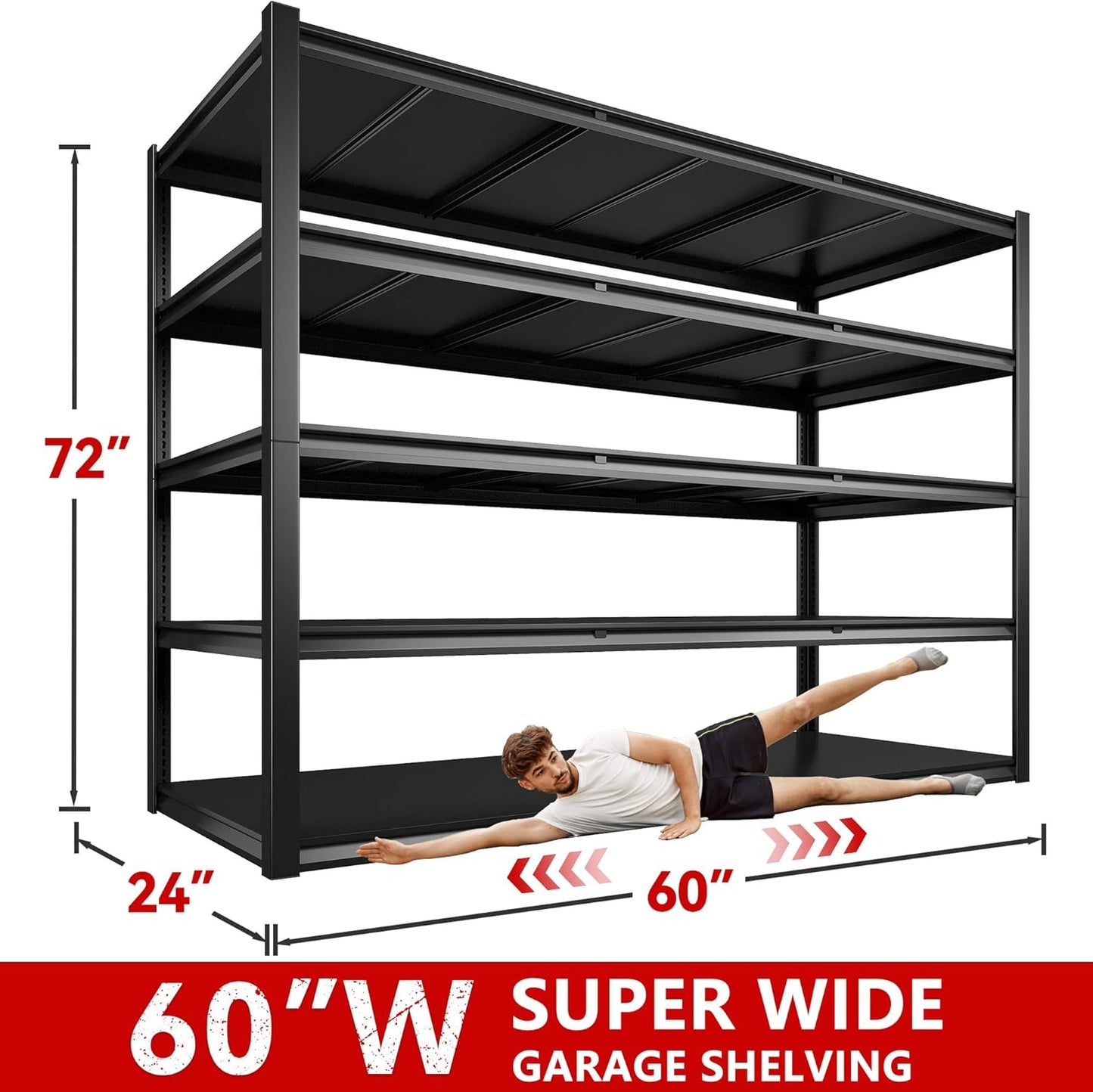 REIBII 60" W Garage Shelving 3000LBS Garage Shelving Heavy Duty Storage Shelves, 5 Tier Metal Shelves, Adjustable Industrial Shelf for Warehouse, Basement, Pantry, 60" W x 24" D x 72" H