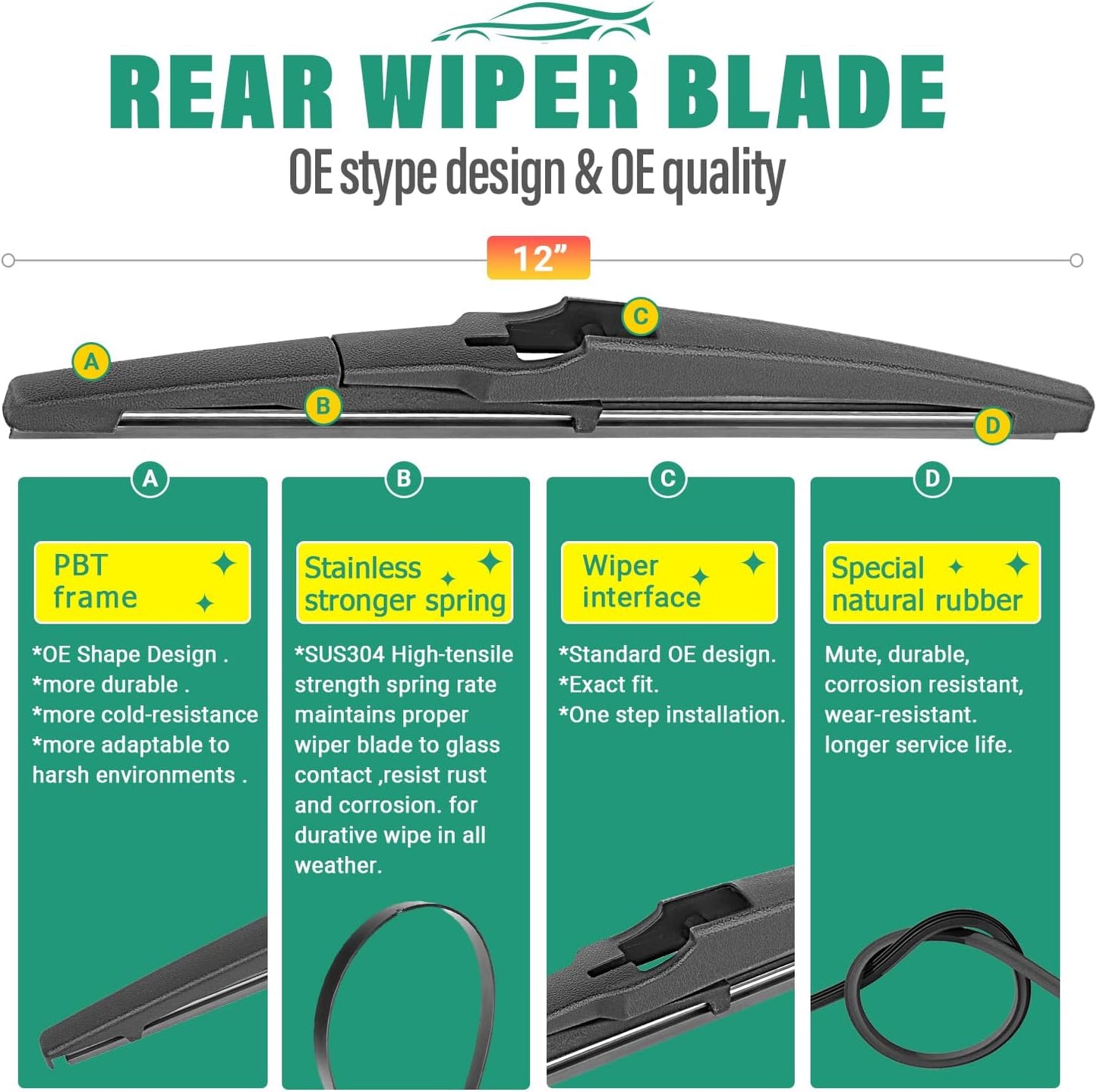26" 16" 12" Windshield Wiper Blades Replacement for Kia Sorento 2021 2022 2023 2024 Premium All Weather Front Rear Wipers Set - OEM Quality (Pack of 3)