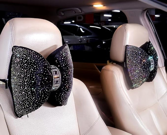Bow Neck Support Pillow for Driving Seat Travel Head Rest Sparkly Bling Car Accessories Sparkly Rhinestone Headrest Black 2pcs for Women Men