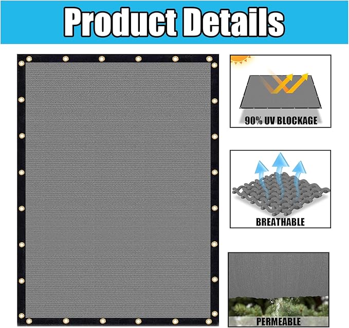 Amagenix 90% Shade Fabric 15'X 15' Gray Sun Shade Cloth with Grommets for Pergola Replacement Shade Cover Canopy, Heavy Duty, Cable Zip Ties Included (We Customized)