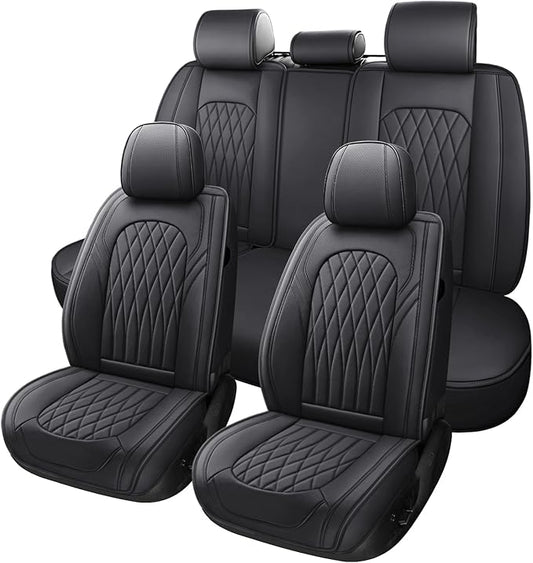 WELLDO Car Seat Covers Full Set, Leather Seat Covers for Cars, Car Seat Protector Waterproof, Non-Slip Car Interior Covers Full Set Universal Automotive Seat Covers for Most Cars SUVs, Black