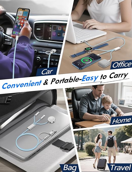 Travel Essentials for Apple Watch Charger,iPhone Charger,3 in 2 Type C/L/Magnetic Fast Charging Cable,Multi Charging Cable Portable Designed for iWatch Series,iPhone 17-11,Galaxy S26-S21,Car-4FT