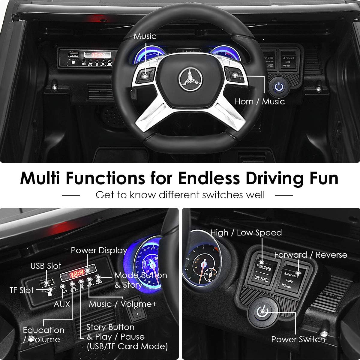 HONEY JOY Ride On Truck, Licensed Mercedes-Benz Maybach G650 Battery Powered Ride On Toys Car w/Remote Control, LED Lights, Music, Slow Start, 12V Electric Cars for Kids, Gift for Boys Girls (Black)
