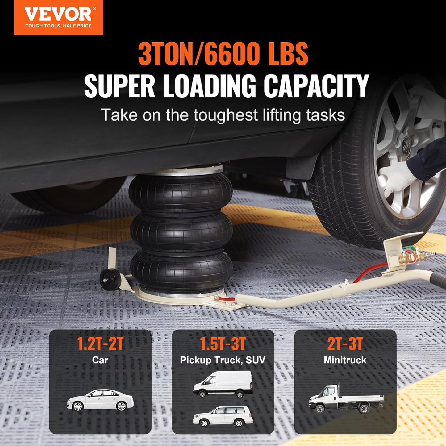 VEVOR Air Jack, 3T / 6600 lbs Triple Bag Air Jack, Airbag Jack with Six Steel Pipes, Lift up to 17.7 inch/450 mm, 3-5 s Fast Lifting Pneumatic Jack, with Long Handles for Car, Garage, Repair