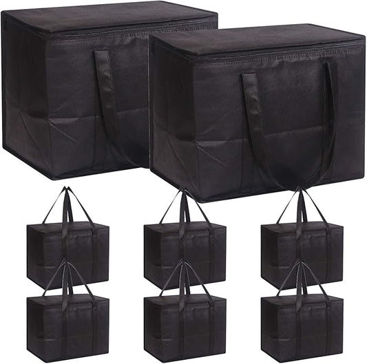 Set of 8 Large Insulated Reusable Grocery Bags with Sturdy Zipper and Handles, Foldable Washable Heavy Duty Cooler Totes for Hot or Cold Food Delivery, Groceries, Travel, Shopping