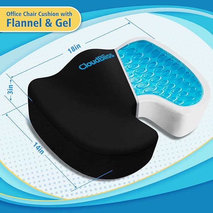 CloudBliss Gel Seat Cushion - Cooling Gel Enhanced Memory Foam Ergonomic Seat Cushion for Long Sitting for Office, Game, Car, Automotive, Airplane (Large, Black)