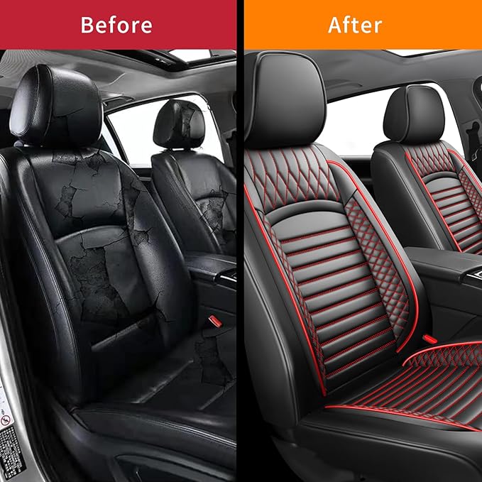 Fit Sonata Car Seat Covers for Hyundai Sonata 2004-2024 2025 2026- Upgraded Premium Waterproof & Breathable Leather, Airbag Compatible, All-Weather Seat Cushion Protector (2 Front/Black+Red)