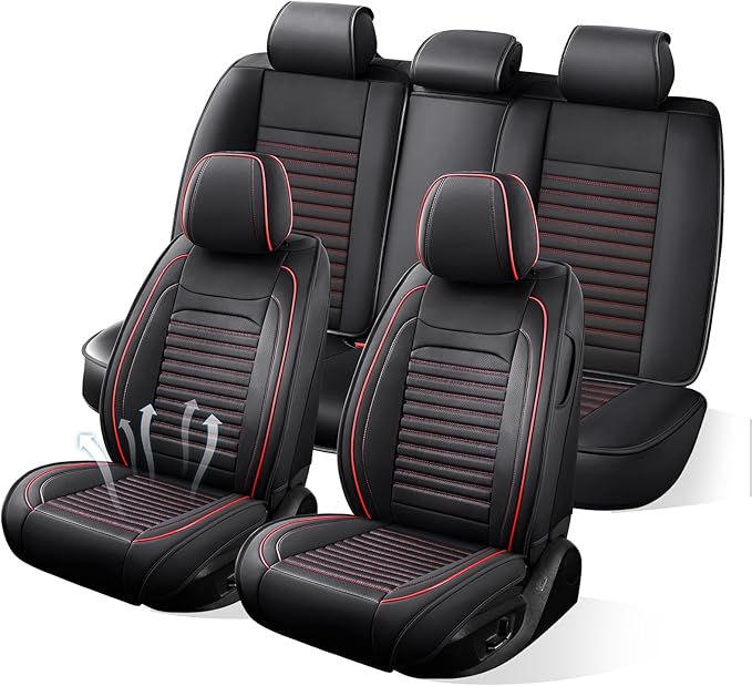 Car Seat Covers Full Set Fit for Toyota Yaris 2007-2020, Premium Faux Leather Car Seat Protector,Breathable Anti-Slip Full Wrapping Edge Seat Covers(Black&Red,Full Set)