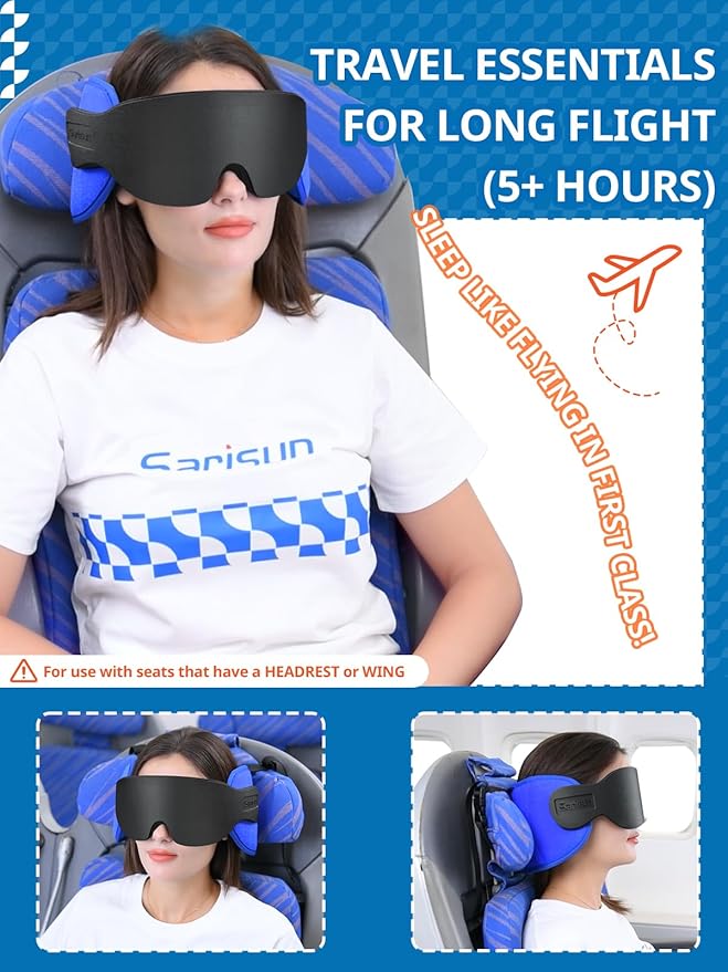 Travel Pillows for Airplanes, Airplane Pillow for Long Flight, Airplane Head Strap with Sleep Eye Mask, 360° Support Headrest for Car Trip, Travel Essentials Stop Bobblehead, Mottled Blue