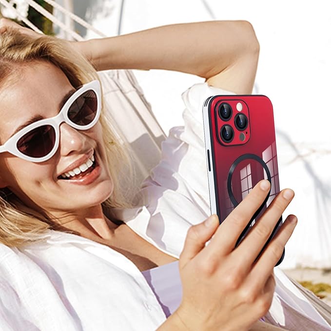 Guppy Compatible with iPhone 15 Pro Max Case Magnetic, with Full Camera Lens Protector [Compatible with MagSafe] Scratch Resistant Gradient Glass Back Cover Phone Case-Red