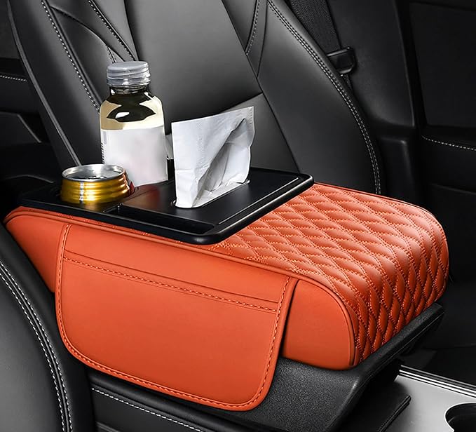 Car Armrest Center Console Cover for Audi Q3 2015–2025, Center Console Pad with Cup Holder, Multifunctional Armrest Cushion,F Orange