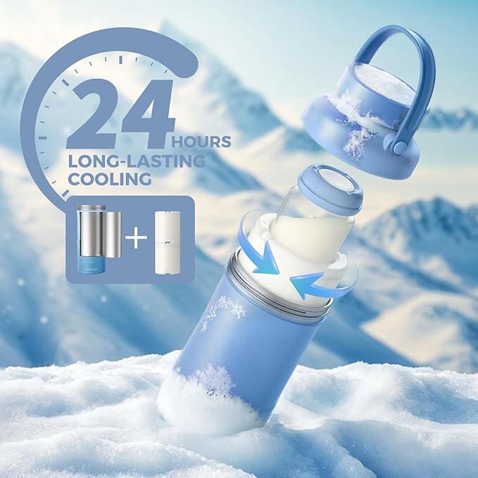 Momcozy 22oz Portable Breast Milk Cooler for Outdoor, Life Saver with 360° Total Cooling for 24 Hours, Larger Capacity Travel Breastmilk Chiller with 2pcs Baby Bottles for Breastmilk Storage, Blue