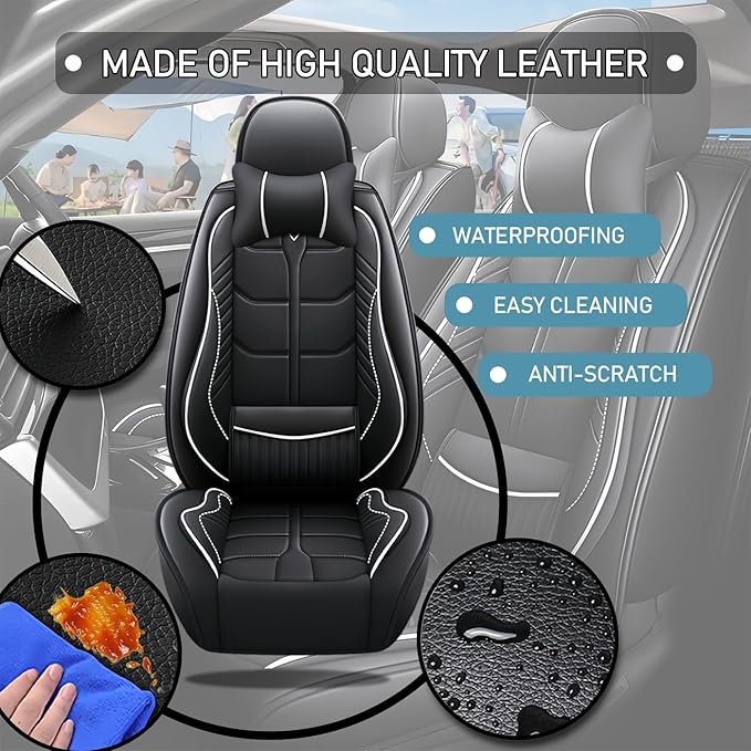 Leather Car Seat Covers Fit for Toyota Sequoia 2001-2024, 5 Seater Car Seat Cover, Premium Waterproof, Scratch Resistant Car Interior Accessories (Full Set with Pillow Black White)
