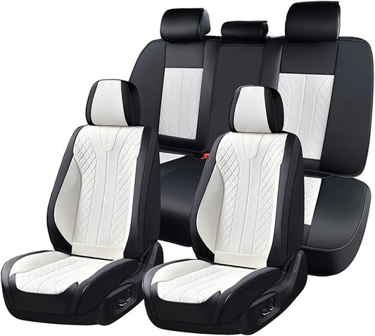 FLORICH Seat Covers Full Set Luxury Faux Leather Front and Rear Car Seat Cover Waterproof Automotive Seat Covers 5 Seats Car Seat Protector Universal Fit for Most Cars SUV Trucks, Black&White