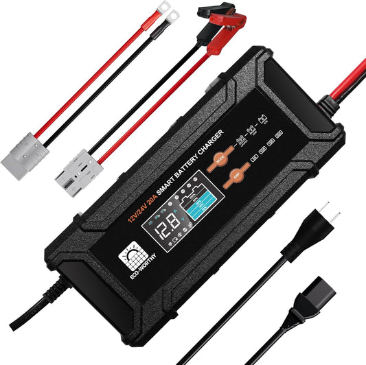 ECO-Worthy 12V/24V 20A Smart Battery Charger Maintainer, Auto Voltage Detect for LiFePO4 Lead-Acid with Multi-Current Options 5A/10A/15A/20A, Trickle Charger for Car Truck Motorcycle Lawn Mower
