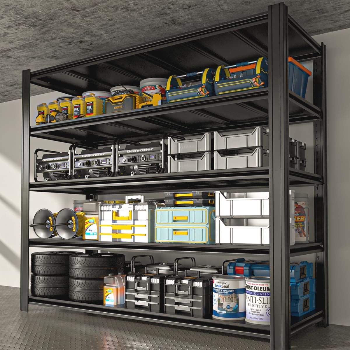 5 Tier Metal Shelving Unit 84" H x 55" W x 24" D, 3000LBS Adjustable Storage Shelves, Heavy Duty Garage Shelves for Warehouse, Basement, Kitchen, Pantry, Living Room, Black