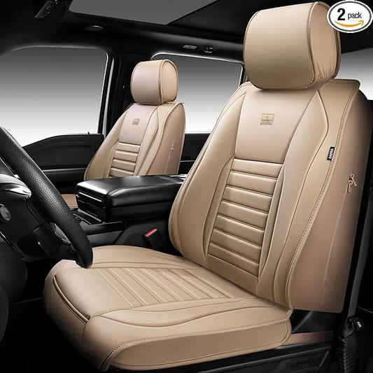 CAR PASS Nappa Leather Car Seat Covers Front Seats, Luxury Seat Protector for Cars, Waterproof Anti-Slip Seat Cushion Airbag Compatible Universal for Sedan SUV Pick-up Truck Automotive Vehicle, Beige