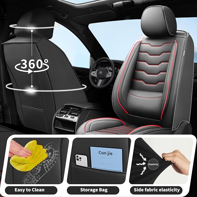 Fit Tucson Car Seat Covers Premium Leather for Hyundai Tucson 2010-2025 2026. Waterproof， Breathable, Scratch-Resistant & All-Weather Seat Cushion Protector (Front Seat, Red Line Black)