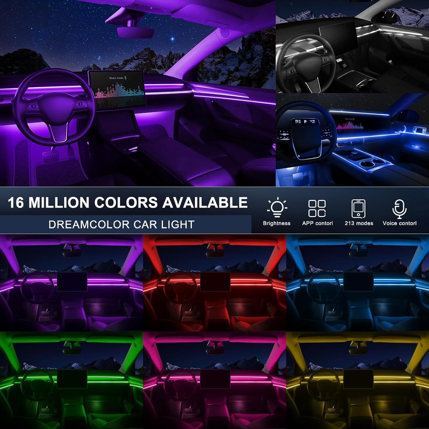 Acrylic Interior Car LED Strip Light with Wireless APP, RGB 6 in 1 with 175 inches 600 LEDs Fiber Optic Car Ambient Lighting Kits, 16 Million Colors Sound Active Function LED Strip for Car