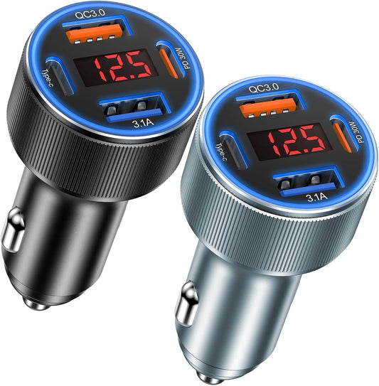 Car Phone Charger, Besgoods USB C Car Charger Adapter 4 Ports with Voltmeter PD&QC Fast Charging Cigarette Lighter USB Charger for iPhone 16 15 14 13 12 Galaxy S24 S23 A54 A15 Dash Cam Car Acc, 2Pack