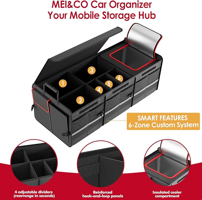 MEI&CO Car Trunk Organizer - 2.5mm PP Board Built, 35L Leakproof Cooler, 105L Capacity, 2 Tie-Down Straps, 4 Adjustable Dividers, Foldable Design for SUVs, Trucks, and Cars