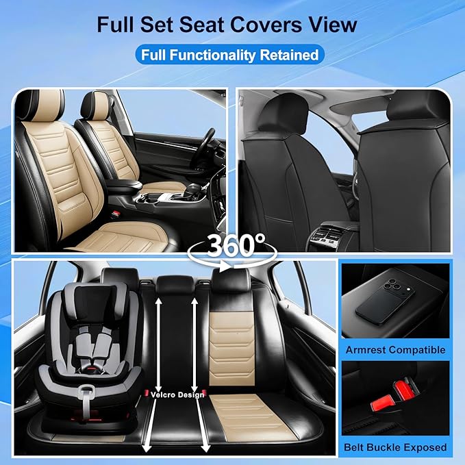 Fit RAV4 Car Seat Covers for Select Toyota RAV 4 2013-2026/RAV4 Hybrid - Premium Full Coverage Leather, Airbag Compatible, Waterproof & All Weather Seat Protector, Front Pair Black+Beige