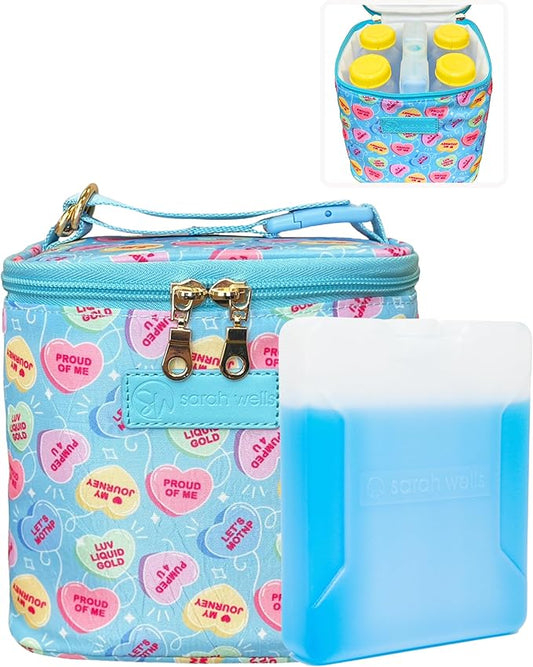 Sarah Wells Cold Gold Breastmilk Cooler Bag with Safety Tested Ice Pack – Insulated Milk Storage for Work, Travel & Daycare - Fits Bottles & Parts - Machine Washable (Candy Conversation Hearts)