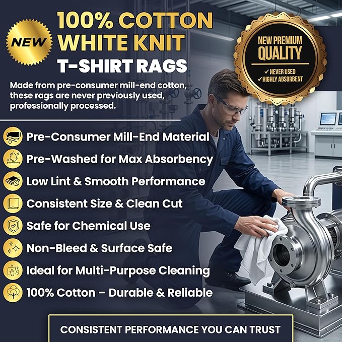 Premium New White Cotton Knit T-Shirt Rags (50 lbs. Box of Rags) - Lint-Free, Soft & Absorbent Cleaning Cloths for Auto, Paint, Garage, Staining & Polishing