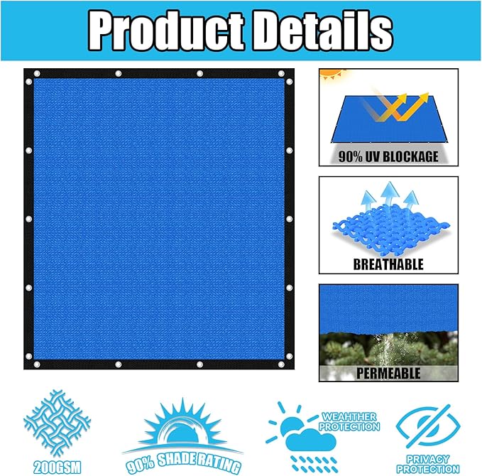 Amagenix 90% Pergola Shade Cover 12' X 12' Sun Shade Cloth with Grommets for Outdoor Garden Patio Porch, Commercial Grade 200 GSM - Cable Zip Ties Included (We Customized) GN108, Blue