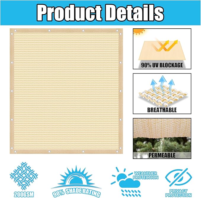 Amagenix 90% Pergola Shade Cover 6' X 20' Sun Shade Cloth with Grommets for Outdoor Garden Patio Porch, Commercial Grade 200 GSM - Cable Zip Ties Included (We Customized) GN108, Wheat