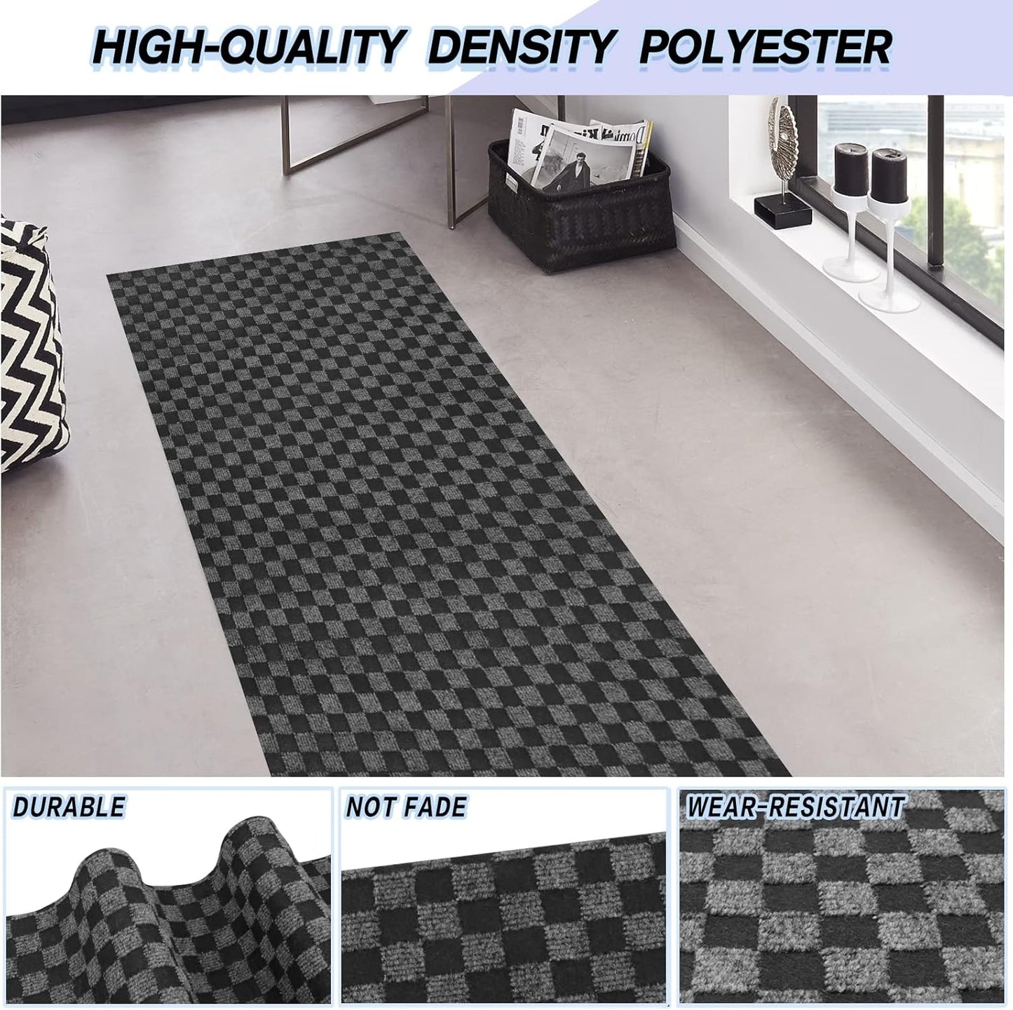 Custom Size Backed Non-Slip Area Rugs Runner, Easy Clean, Waterproof Runner Rugs for Hallway Entryway, Kitchen, Laundry, 3FT x 59FT, Gray Checkered
