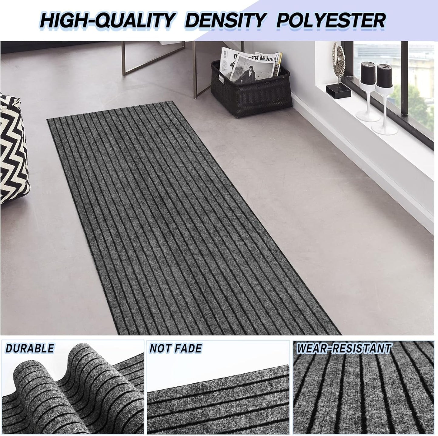 Custom Size Backed Non-Slip Area Rugs Runner, Easy Clean, Waterproof Runner Rugs for Hallway Entryway, Kitchen, Laundry, 3FT x 56FT, Gray Stripe