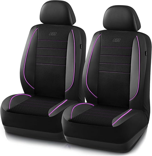 Skechers Air-Cooled Memory Foam Seat Covers,Mesh Thick Car Seat Covers,Piping Leather Car Seat Covers Front Seats,Airbag Compatible,Automotive Comfort Universal FitMost Cars,Vans,Truck,SUV,Purple