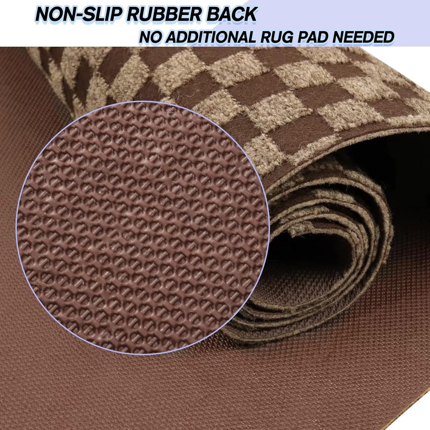 Custom Size Backed Non-Slip Area Rugs Runner, Easy Clean, Waterproof Runner Rugs for Hallway Entryway, Kitchen, Laundry, 2FT x 18FT, Brown Checkered