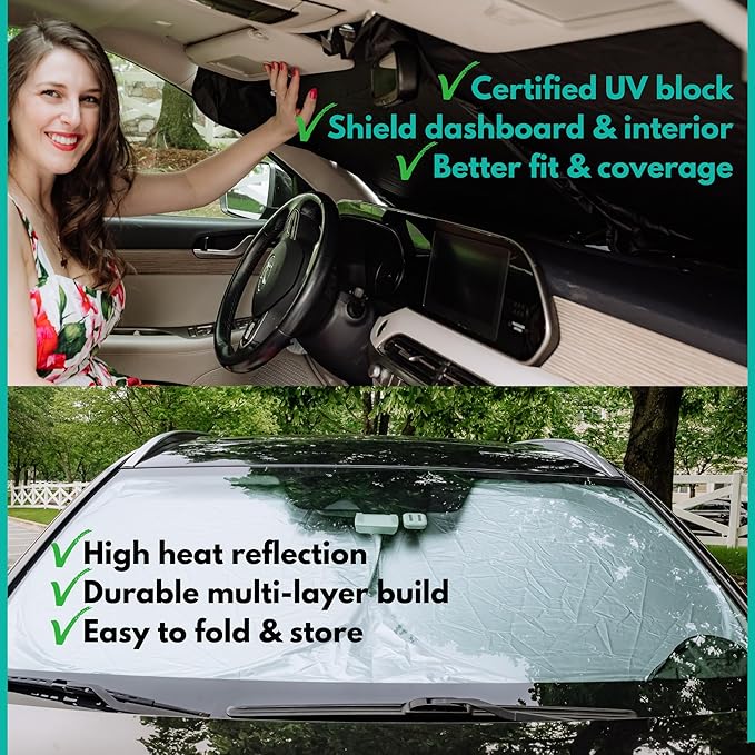 Windshield Sun Shade -Certified 99.87% UVB & 99.02% UVA Car Sun Shade. Award Winning Sunshade - Patented Technology | Compatible for Toyota Avalon (2013-2018) | Car Shades by Kinder Fluff