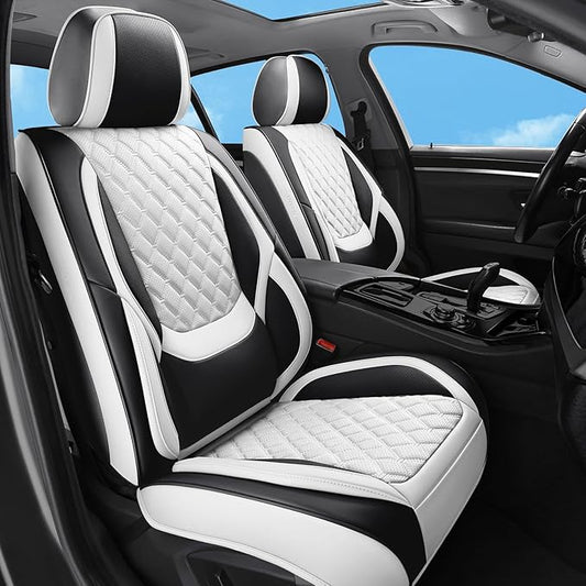 Car Seat Covers Front Seats, Luxury Leather Waterproof Non-Slip Seat Protector Universal Fit for Most Cars SUVs Trucks Pick-ups,White and Black Car Accessories Interior(Front White)