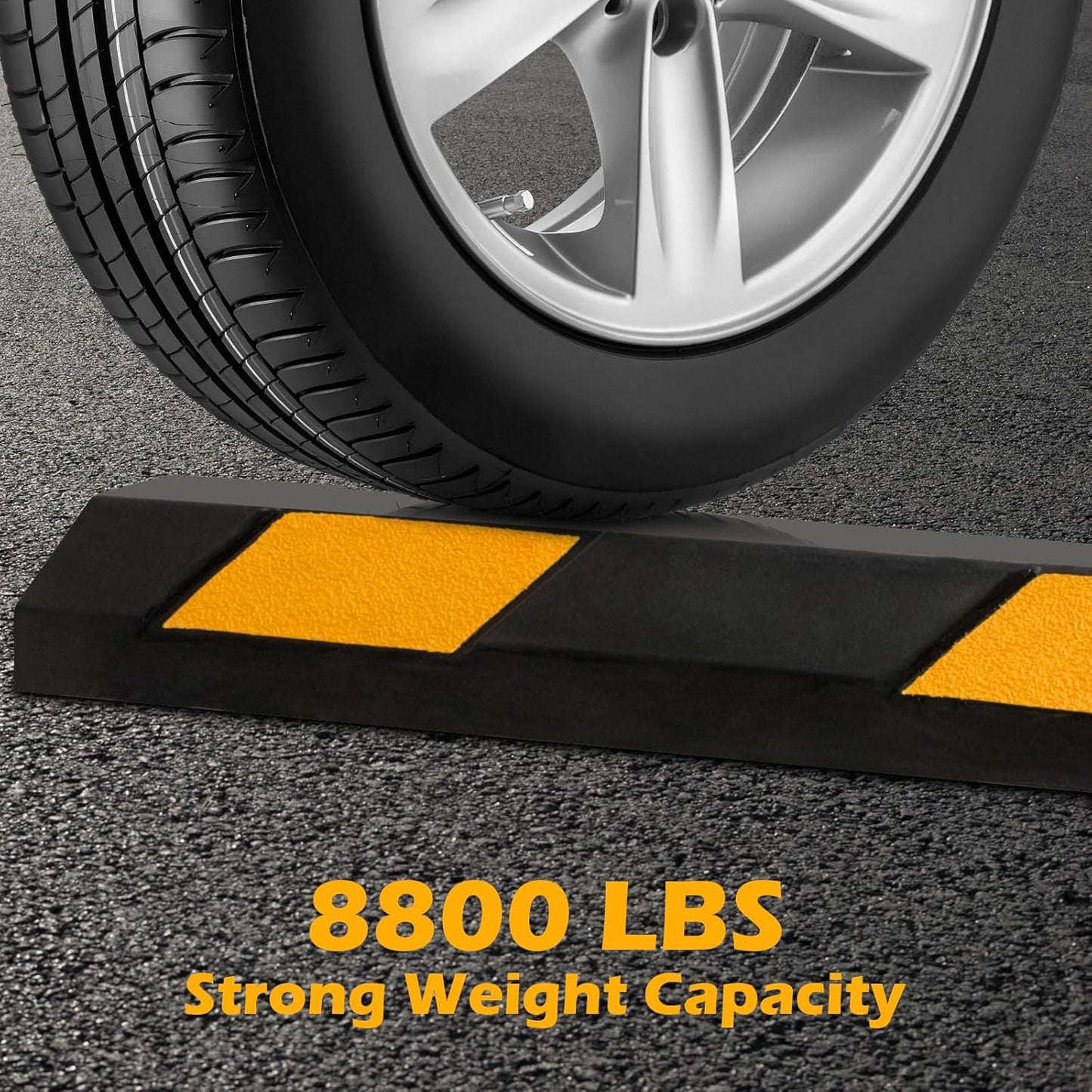 Rubber Parking Curb Garage Floor Stopper, 72" Heavy Duty Parking Lot Stopper with Yellow Reflective Stripes, Guide Wheel Stopper for Car, Truck, RV, Trailer, Driveway (8 Pack)