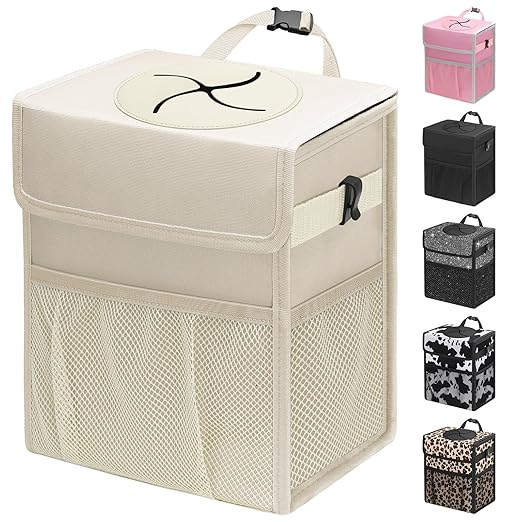 Capolo Car Trash Can with Lid, Leakproof Car Trash Bag Hanging Waterproof Automotive Garbage Can with Storage Pockets Mini Vehicle Trash Bin for Back/Front Seat(Beige,2.5 Gallon)