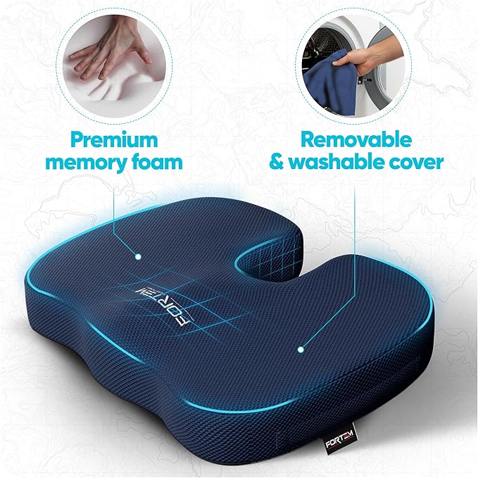 FORTEM Seat Cushion, Office Chair Cushion, Desk Chair Memory Foam, Sciatica Coccyx Tailbone Pain Relief, Pressure Relief, Sitting Pad, for Long Gaming & Sitting, Washable Cover, Non Slip