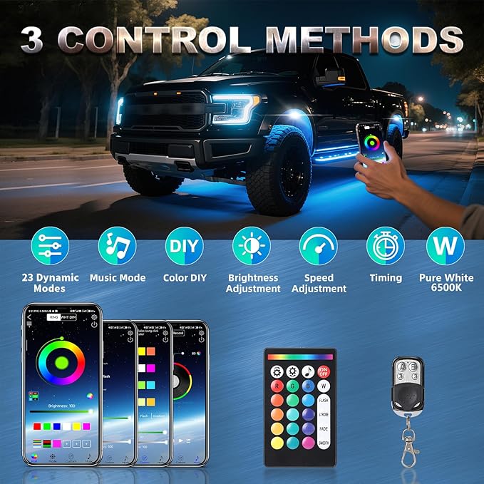 12 Pods Full Angle RGBW LED Rock Lights, 6500K Pure White RGB Rock Light for Truck Jeeps Pickup Offroad Golf Cart SUV UTV Underbody, 12V Waterproof Neon Underglow Kit with APP/RF Remote Sync Music