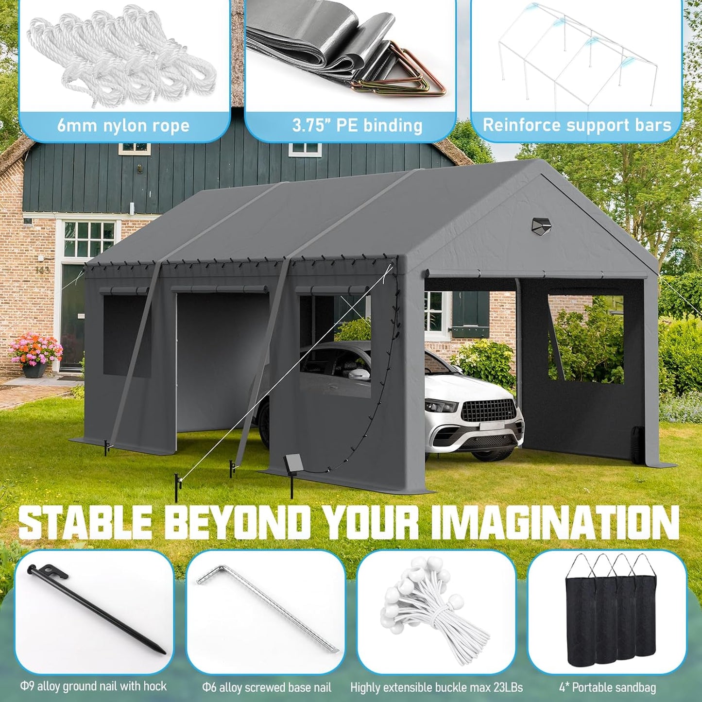 12x20 Carport, Heavy Duty Carport Canopy Garage with Removable Sidewalls and Drive Through Roll Up Zipper Doors & Side Doors, Grey