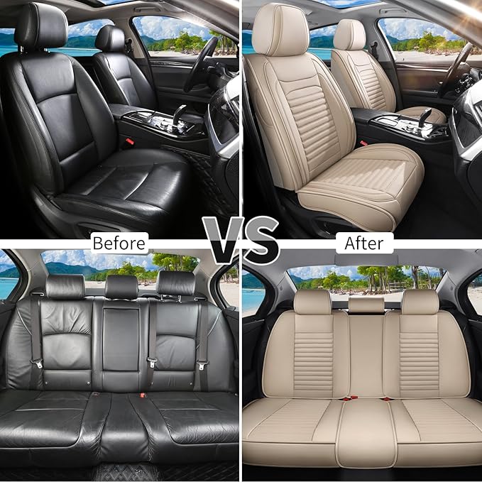 Car Seat Covers Full Set Fit for Toyota Prius 2001-2026, Premium Faux Leather Car Seat Protector,Breathable Anti-Slip Full Wrapping Edge Seat Covers(Beige,Full Set)