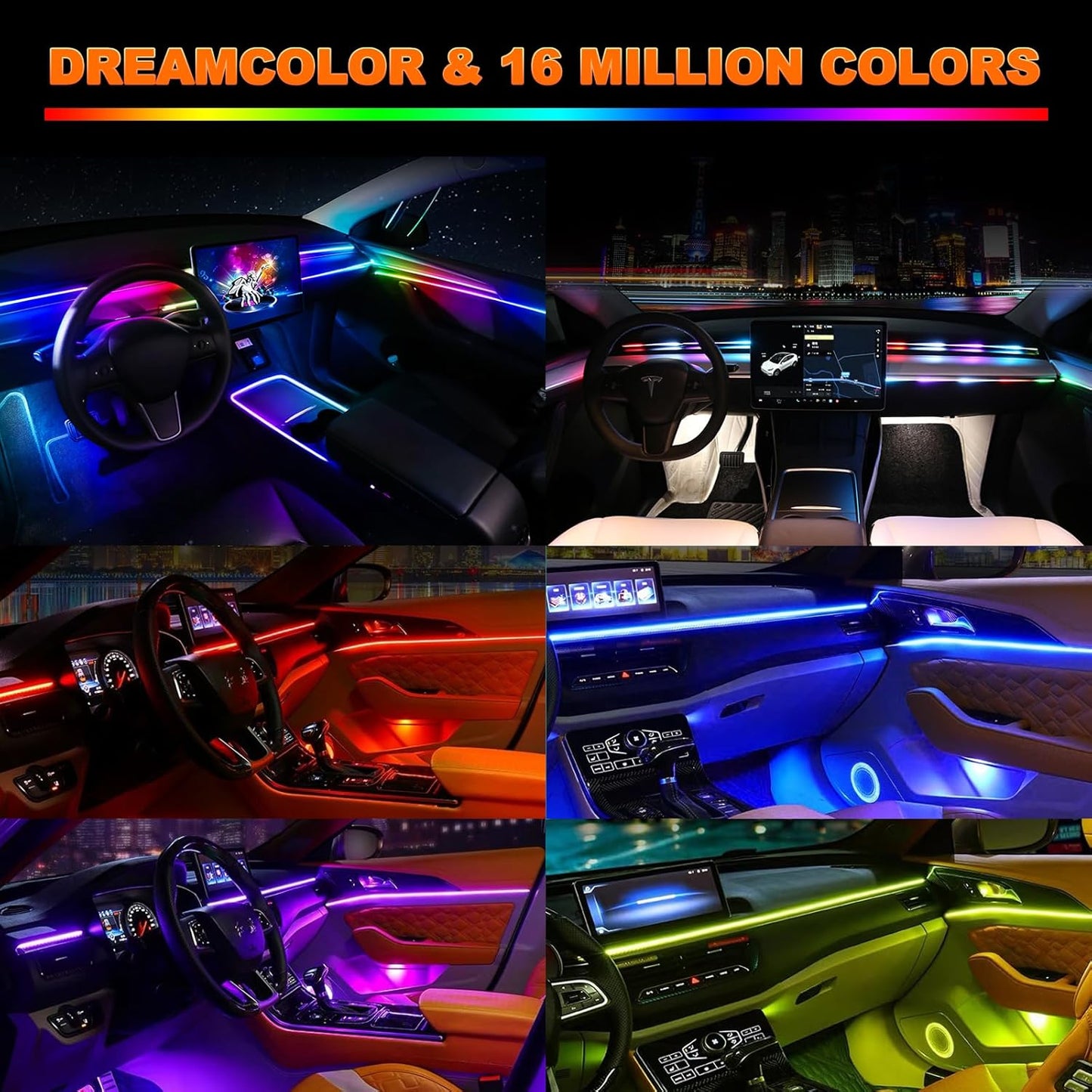 Interior Car LED Strip Lights, Acrylic LED Lights for Car with Dynamic Dreamcolor Chasing, Ambient Lighting Kits Music Sync Wireless APP and RF Remote Control (2 * 29.5'')