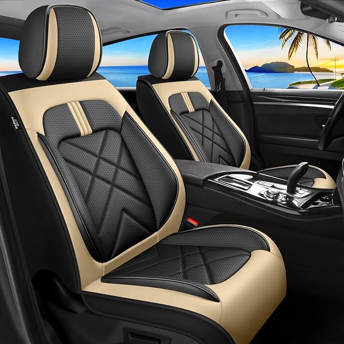 CX-3 Car Seat Covers Fit for Mazda CX-3 2016-2021, Full Coverage Premium Leather Waterproof Breathable Seat Covers, Automotive Seat Protectors, Airbag Compatible(2 Front Seats, Black Beige)