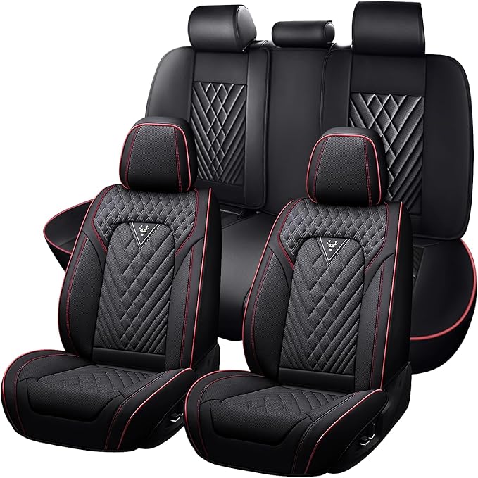 Truck Seat Covers for Toyota Tacoma 2006-2026, Waterproof Premium Leather Full Coverage Car Seat Cover, Muscle Sport Style Auto Interior Seat Cover Sets (Full Set/Black Red)