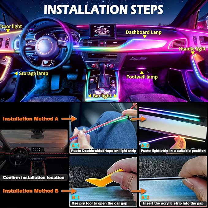 Acrylic Interior Car LED Strip Light with APP Remote Control,175 inches 10 in 1 RGB Dreamcolor Neon Strip Fiber Optic LED Ambient Lighting Kits,RGB Music Lights Sync for Inside car Decorations