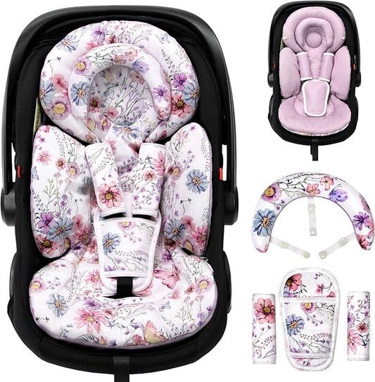 Infant Car Seat Insert with Extra Cushion for Preemie to Toddler, Reversible Newborn Carseat Insert for Baby Head Body Support, Fits for Stroller, Baby Swing, Bouncer (Purple Wildflower)