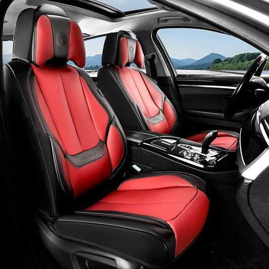Coverado Seat Covers, Car Seat Covers Front Seats, Car Seat Cover, Car Seat Protector Waterproof, Seat Cushion Nappa Leather with Head Pillow, Carseat Cover Universal Fit for Most Cars (Black&Red)